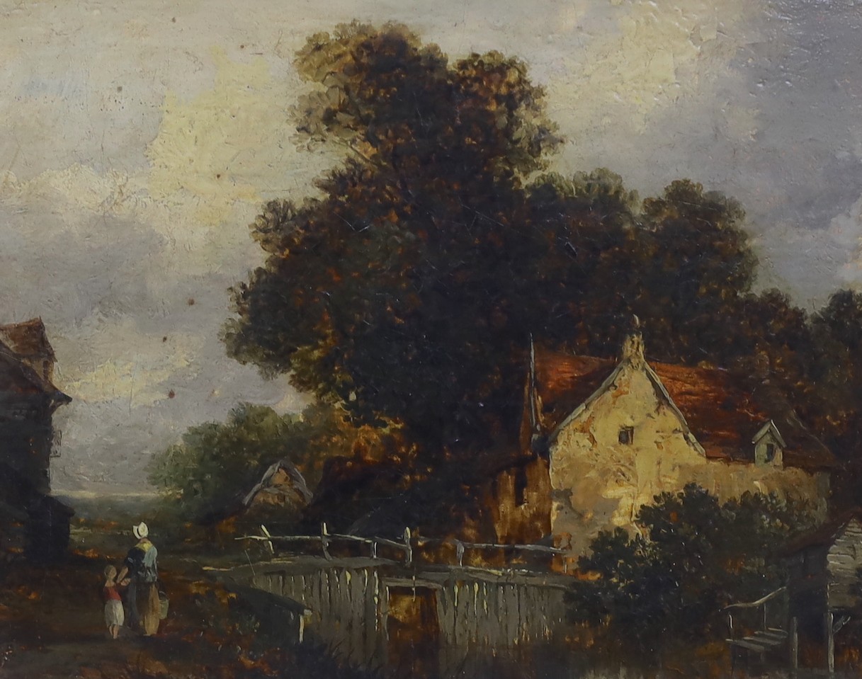 After James Stark, oil on canvas, figures amongst a village, unsigned, 20 x 25cm